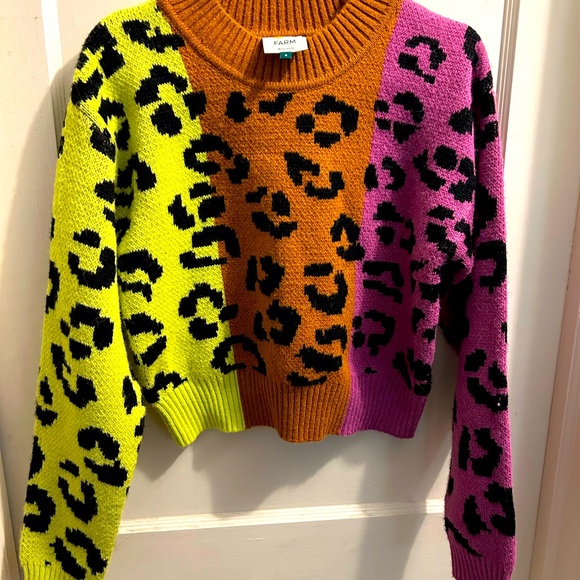 Farm Rio cropped wool blend colorful leopard print sweater‎ size s - Picture 1 of 7